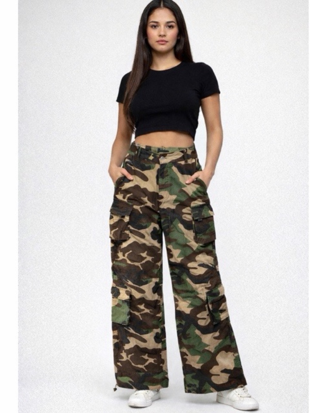 Labijou Paperbag Stretch Camo Cargo Wide Leg Pants NWT